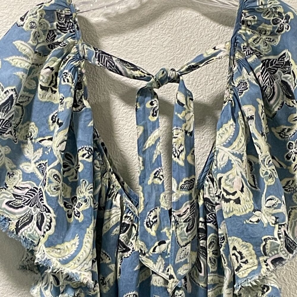 FREE PEOPLE "Kauai Getaway" Tunic Mini Dress Flutter Sleeve Blue/Green Floral L - Picture 9 of 13